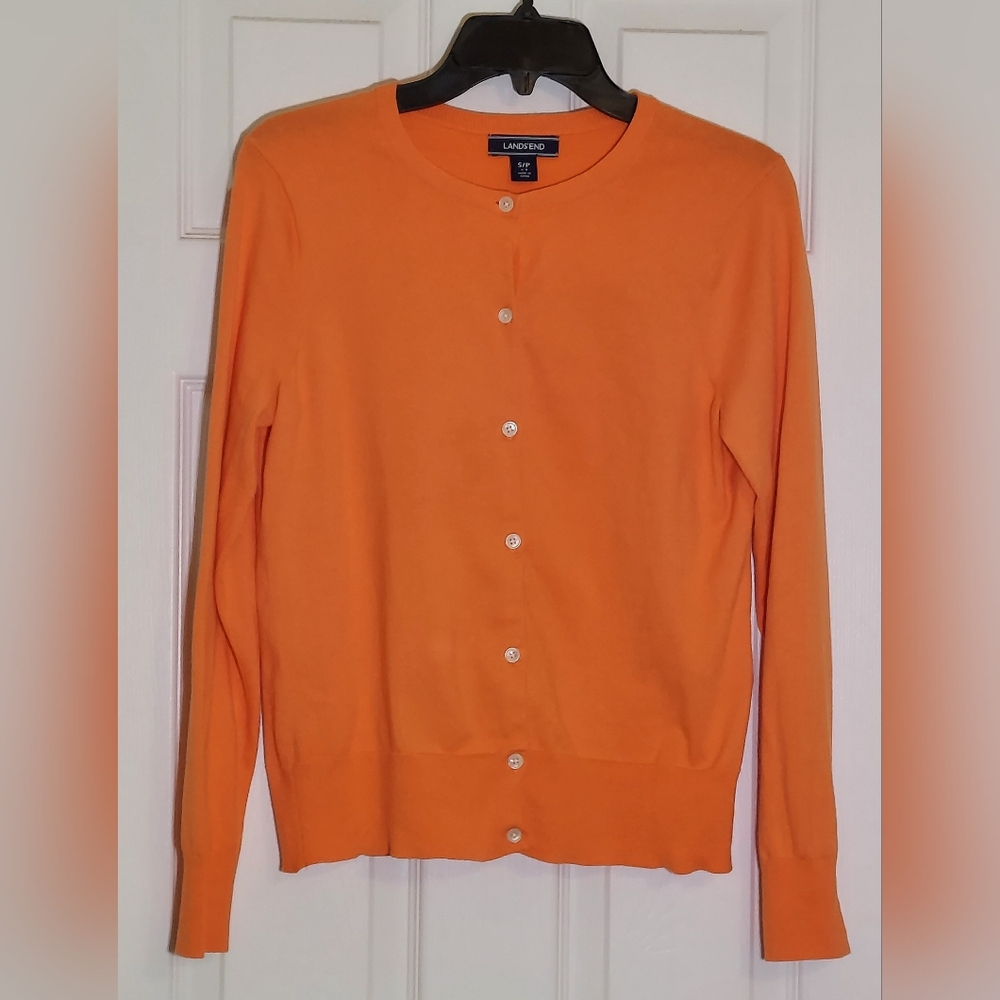 LANDS' END | SP Orange Fine Gauge Cardigan Sweater. Cotton Blend. Lightweight.